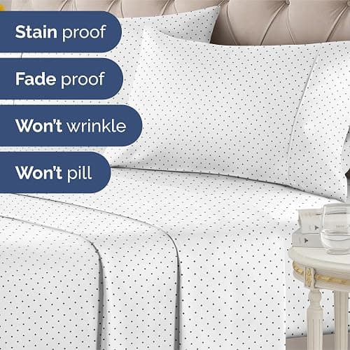 Blue Polka Dots Bed Sheet Set – 1 Flat & 1 Fitted Sheet & 2 Pillowcases w/ Deep Pockets – Polka Dot Bedding - Wrinkle & Fade Resistant - Soft, Breathable & Cooling - Comfy, Luxury Bed Set - Queen Size thumbnail 6