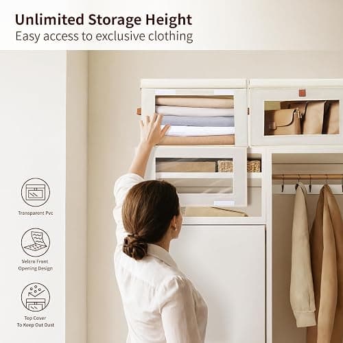 Homsorout Large Closet Storage Organizer - Clothes Storage Bins with Handles & Window, Collapsible Decorative Boxes with Lids, Fabric Containers for Living Room, Dorm, 2 Pack, Beige thumbnail 4