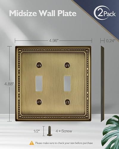 ZILLSEA 2-Pack Antique Brass Double Light Switch Cover Plates, 2 Gang Metal Switch Plate Covers, Decorative Pearl Design, 4.96''*4.88'', Midsize thumbnail 3