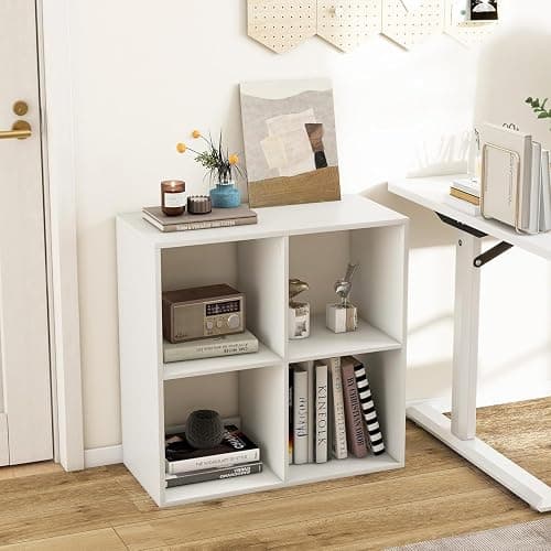 POWERSTONE 4 Cube Storage Organizer, 2 Tier Cubby Bookshelf, White | Freestanding Bookcase w/Back Guardrail, Open Back Display Rack for Living Room, Bedroom, Study - Image 1