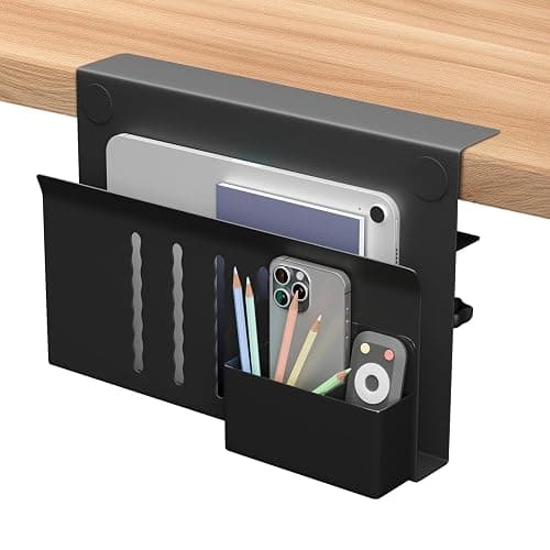 Henitol Desk Side Storage with Pen Holder, No Drill Hanging Desk Organizer Under Desk Storage Mount, Clamp-On Laptop Holder Table Side Tray Desktop Organization for Office and Home (Black) - Image 1