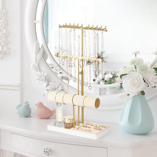 3-Tier Adjustable Jewelry Holder Organizer Stand with 20 Necklace Hooks, 18 Earring Holes and Notches, Bracelet Holder, 6 Ring Rolls, Jewelry Tray for Girls, Women thumbnail 2