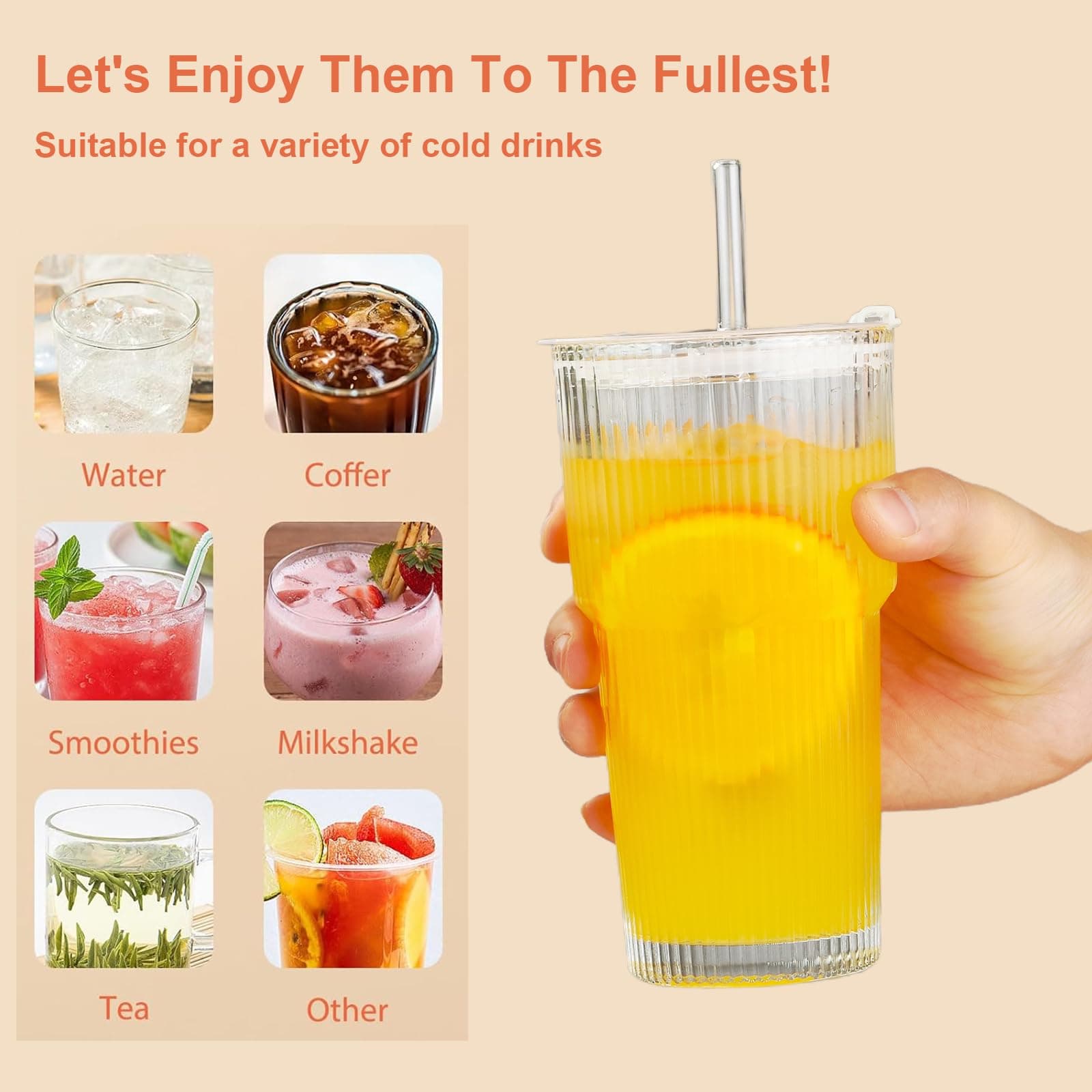 VITEVER 20oz Glass Tumblers with Lids and Straws, Set of 2 - Stylish Ribbed Design Drinking Glasses for Iced Coffee Cups, Juice, Smoothies, Cold Beverages, Includes Cleaning Brush, Durable Glassware thumbnail 3