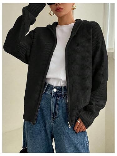 SOLY HUX Zip Up Cardigan for Women Hooded Cardigan Sweater Knitted Drop Shoulder Fall Clothes Winter Hoodies Outerwear thumbnail 4