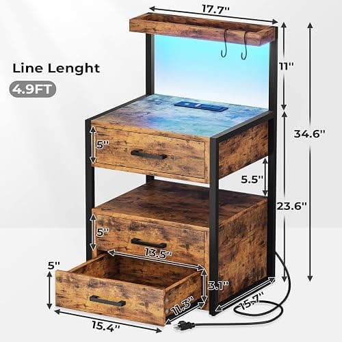 Nightstand with Charging Station and LED Lights, LED Night Stand with 2 USB Ports and 2 AC Outlets, Modern End Table with 3 Drawers, Bedside Table with Open Storage for Bedroom, Rustic Brown thumbnail 2