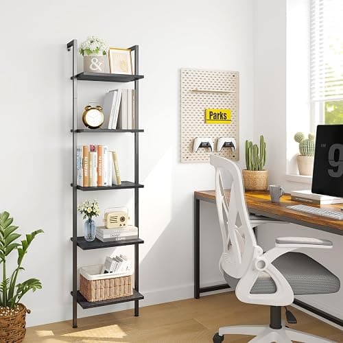 ELYKEN Ladder Shelf, 5-Tier Wood Wall Mounted Bookshelf with Metal Frame, Vintage Open Display Organizer Rack, Leaning Storage Shelves for Living Room, Bedroom, Home Office, Black - Black thumbnail 2