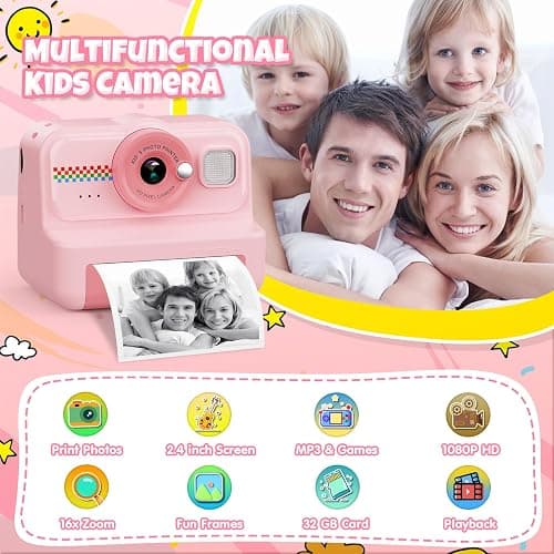 HiMont Kids Camera Instant Print, 1080P HD Instant Print Camera for Kids with 3 Rolls Print Paper & 32GB Card, Selfie Digital Camera for Kid, Ideal Kid Toys Gifts for Boys & Girls Age 3-14 (Pink) thumbnail 2