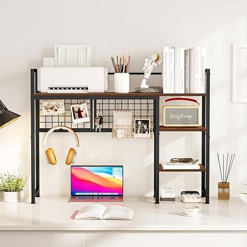 Snughome Desk Shelf, 38.6" Desktop Organizer Shelf, Desk Hutch for Computer Monitor, 4 Tier Desk Display Rack with Pegboard Hooks Set, Wood Desktop Bookshelf for Home Office Dorm thumbnail 4