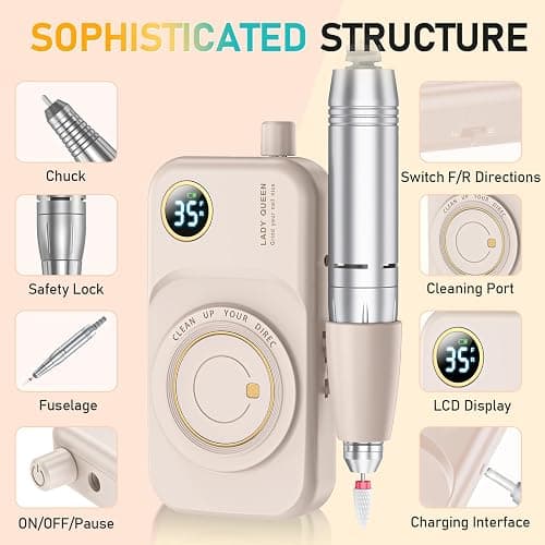 Portable Nail Drill Electric File: 35000RPM Professional Rechargeable Nail E File Machine,for Acrylic Nails Gel Polishing Removing, Cordless Efile with Bits Kit for Manicure Salon Home (Pink) thumbnail 7