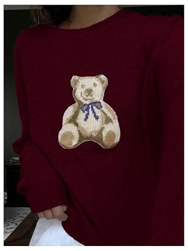 Floerns Women's Bear Long Sleeve Pullover Sweater Cute Crew Neck Knitted Tops thumbnail 7