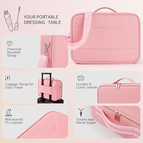 15''X11'' Large Capacity Makeup Bag with LED Mirror, Professional Makeup Case Organizer with 3 Color Light Adjustable Brightness, Travel Make up Cosmetic Case with Detachable Dividers & Shoulder Strap thumbnail 4