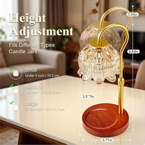 Dreamholder Electric Candle Warmer Lamp with Timer, Dimmable Candle Lamp with Adjustable Height, Glass Wax Melter for Jar Candles Wood Base Floral Home Decor Gifts for Women Mom, Walnut Wood thumbnail 2