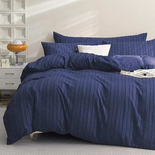 **JELLYMONI Duvet Cover Full Size Navy Blue - 3PCS Boho Striped Duvet Cover Set Polyester Tufted Bohemian Textured Comforter Cover with Corner Ties & Zipper Closure - Image 1