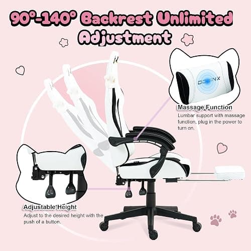 Dowinx Gaming Chair Cute with Plush Doggy and Massage Lumbar Support, Ergonomic Computer Chair for Girl with Footrest and Headrest, Comfortable Game Chair 290lbs for Adult, Teen, Black and White thumbnail 6