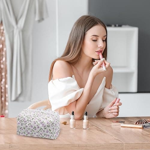 dark swan Cotton Quilted Makeup Bag, Cute Pouch Toiletry Bag Cosmetic Bag Quilted Floral Organizer Bag Travel Coquette Aesthetic Portable Storage Zipper Purse for Women (Purple) thumbnail 2
