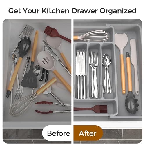 ukeetap Extra Large Expandable Silverware Organizer, BPA-Free Food-Safe Cutlery Flatware Organizer, Kitchen Utensil Drawer Organizer, Adjustable Silverware Holder for Spoons Forks Knives, Gray thumbnail 6