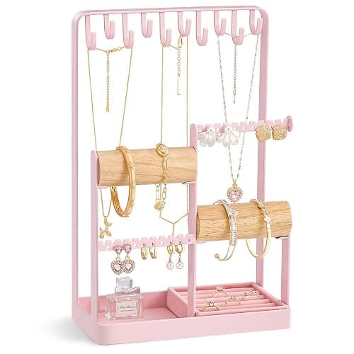 Lolalet Jewelry Holder Organizer, Aesthetic Jewelry Display Stand for Necklaces Bracelets Earrings Rings, Cute Room Décor for Teen Girls Women -Pink - Image 1