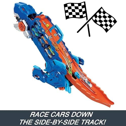Hot Wheels City Toy Car Track Set, Ultimate T-Rex Transporter, Hauler Transforms into Stomping Dino with Race Track, from Netflix Series “Let’s Race” thumbnail 8