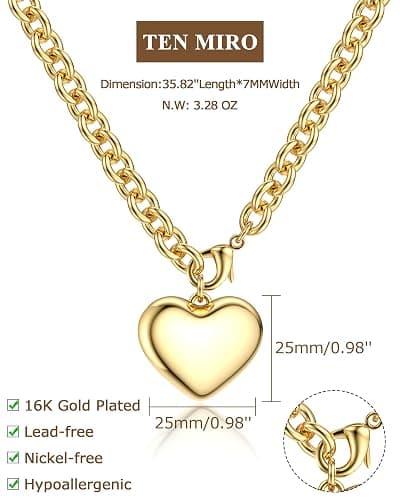 TEN MIRO 16k Gold Plated Chunky Gold Plated Necklace for Women Non Tarnish, 36'' /92cm Long Chunky Heart Necklace layered Puffy Heart Necklaces Long Thick Pendant Bold Statement Necklaces for Women Trendy thumbnail 6