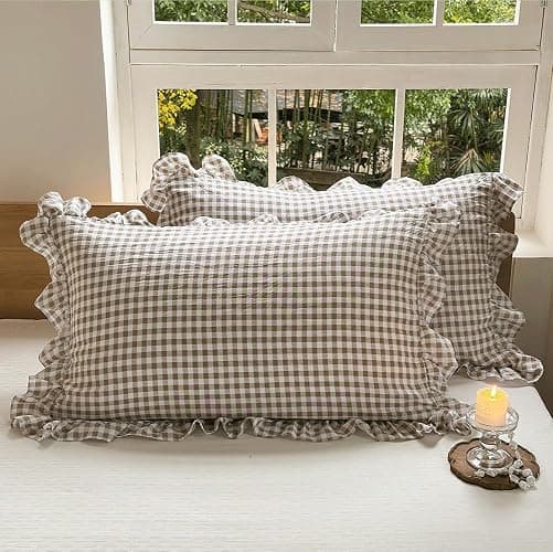 NSNLGSGC Tan Ruffled Plaid Gingham Standard Size Pillow Shams 20"x26", Set of 2 Taupe Checked Pre-Washed Microfiber Farmhouse Pillowcases for Bed/Sofa (20"x26", Tan Gingham) thumbnail 2