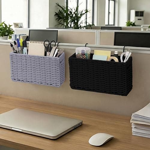 Cotton Rope Woven Bedside Caddy for Dorm Bed, Foldable Bedside Shelf Bunk Bed Accessories, College Dorm Room Essentials Hanging Organizers Storage Basket, Room Decor Magazine File Holder (Black) thumbnail 2