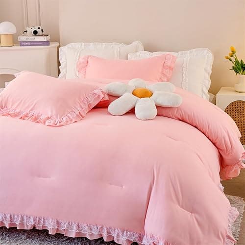 MOOWOO Chic Ruffle Lace Comforter Set -Girl Pink Bedding-2 Piece Twin Bed Quilt -Aesthetic Bedding,Ultra Soft and Durable,Fluffy Bed Comforter Sets for All Season thumbnail 4