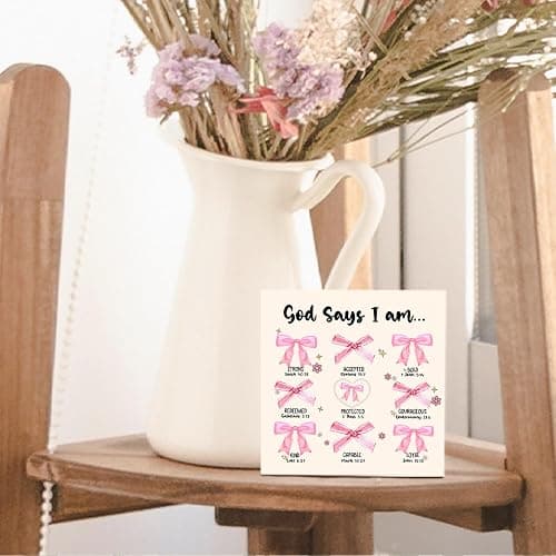 Nrleey Coquette Bow Wooden Sign - Coquette Room Decor, Pink God Says I Am Wooden Box Signs, Preppy Coquette Bow Bible Verse Decor, Inspirational Christian Gifts for Women, 5 X 5 Inches thumbnail 4