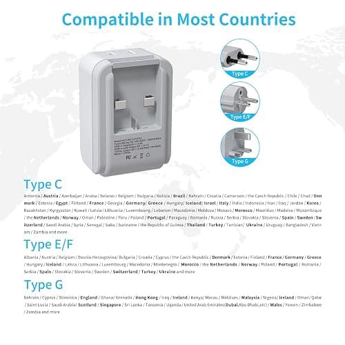 European Travel Plug Adapter Kit, VINTAR International Plug Adapter with 3 USB Ports (2 USB C,3.4A) 2 American Outlets, Type C,G,E/F Detachable Attachments, Adapter for US to UK Europe France Italy thumbnail 2