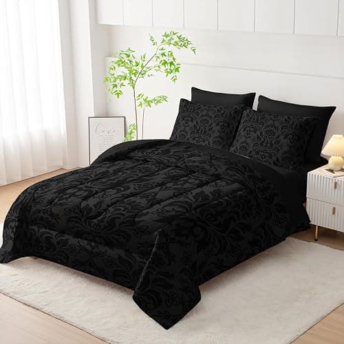 Axolotl Black Grey Comforter Set Full Size,7 Piece Damask Bedding Set Boho Paisley Comforter Set Gothic Vintage Floral Bed Set Elegant Victorian Baroque Comforter with Flat Fitted Sheet 4 Pillowsham thumbnail 3