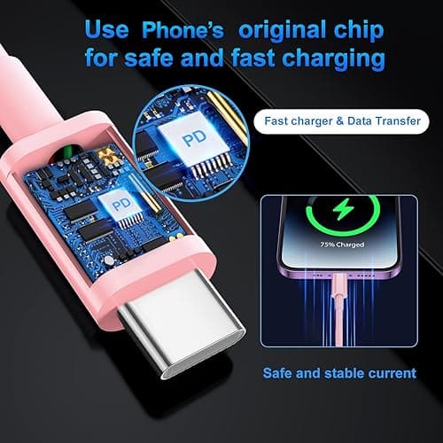 Dayaoncy Compatible with iPhone 17/16/15 Charge Fast Charging, 20W USB C Wall Charger with 3Pack 10FT USB C Cable, Type C Fast Charger Compatible with Phone/Android/Phone/Samsumg/Pad Purple Blue Pink thumbnail 6