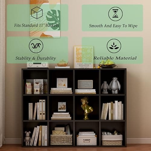 OSCHF 12-Cube Storage Shelf Bookcase, Black | Wooden 3-Tier Open Bookshelf, Fits 11×11" Bins, Vertical or Horizontal Use, Full Back Panels, For Home Office thumbnail 4