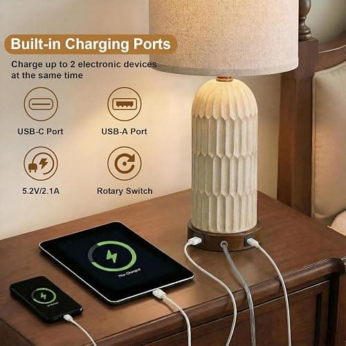 OYEARS 22.5" Bedside Table Lamps Set of 2, Farmhouse Table Lamp with USB A+C Charging Ports,Vintage Nightstand Lamp for Bedrooms and Living Rooms, Retro Resin End Table Lamp, Beige and Brown thumbnail 2