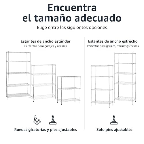 Amazon Basics Unidad de almacenamiento estrecha de 5 baldas con estantes ajustables en altura y patas niveladoras, peso máximo de 453 kg, Cromado, 34 cm x 58.9 cm x 152.5 cm (D x W x H) thumbnail 6