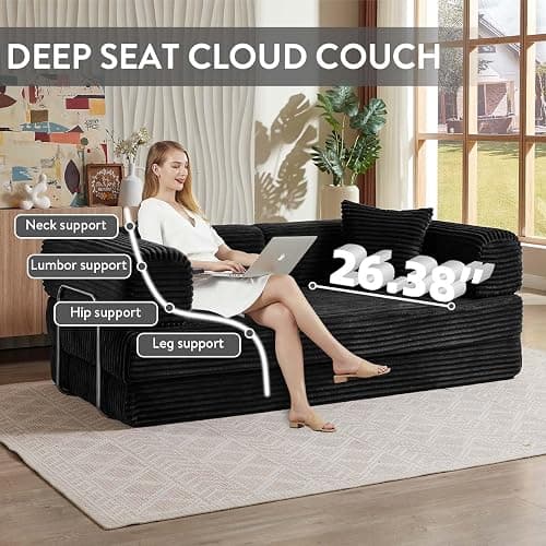 81 Inch Convertible Folding Sofa Bed,Fold Out Floor Sofa Couch with Fixed-Shape Frame,Corduroy Foldable Mattress Cloud Couch for Living Room Bedroom (Black) thumbnail 4