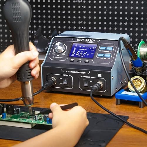 WEP 992D+ 2-in-1 Soldering Iron Kit and Hot Air Rework Station with 3 Preset Channels, LCD Display, Interchangeable Handles, Sleep Mode, X-2 Iron Holder, 5 Iron Tips, Desoldering Pump and Tweezers thumbnail 2