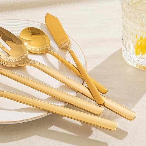 KINGSTONE Large Hostess Gold Serving Utensils Set, 18/10 Stainless Steel -10 inch Serving Spoons, Slotted Spoons, Forks, Tongs, Cake Pie Server, Butter Knife, Sugar spoon for Buffet, Wedding, Party thumbnail 2