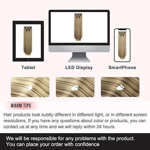 Flufymooz 6PC Clip in Hair Extensions 24" Straight Long Extensions for Women Synthetic Hairpiece (Brown with Blonde Highlights) thumbnail 7