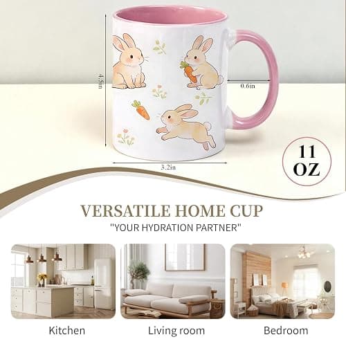 VACNKOCY 11oz Cute Bunny Ceramic Coffee Mug with Pink Handle & Interior – Adorable Rabbit & Carrot Floral Design Tea Cup – Aesthetic Gift Mug for Home, Office, Easter & Spring Décor thumbnail 3