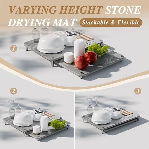 Pearl White 2PCs Large Drying Stone for Kitchen Counter, Stone Dish Drying Mat for Kitchen Counter, Quick Dry Mat with Non-slip Feet thumbnail 3