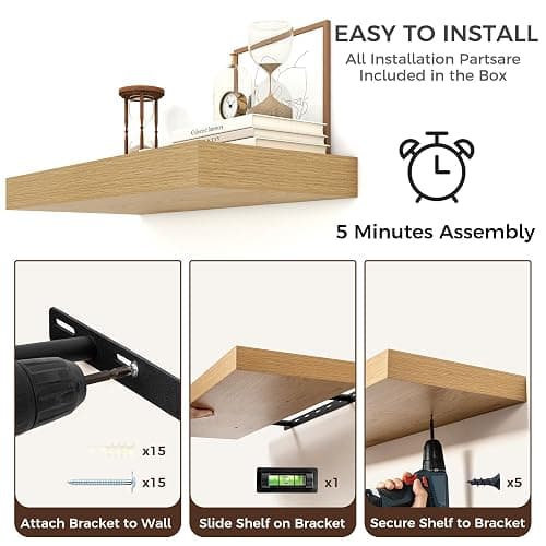 24 Inch Floating Shelves for Wall, 6.5"D Wood Storage Shelves, Oak Finish | Engineered Wood, Invisible Bracket, Large Storage, Easy Install, Hold Up to 44lbs, Living Room, Bathroom, Bedroom, Kitchen thumbnail 4