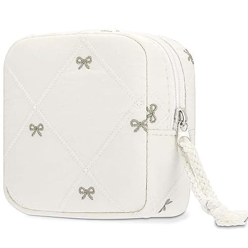 SERTRI Quilted Bow Period Bag, Period Pouches for Teen Girls Women(Beige) | Tampon Holder for Purse Sanitary Bags, Feminine Product Sanitary Napkin Storage Bag, Pad Bag Pouch Period Gifts for Girls - Image 1