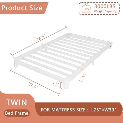 HQU 4 Inch Twin Bed Frames with Metal Baffles, White Bed Frame Twin No Box Spring Needed, Heavy Duty Steel Slats Support, Baby & Pet Friendly, Round Corner Design, Easy Assembly, Noiseless thumbnail 2