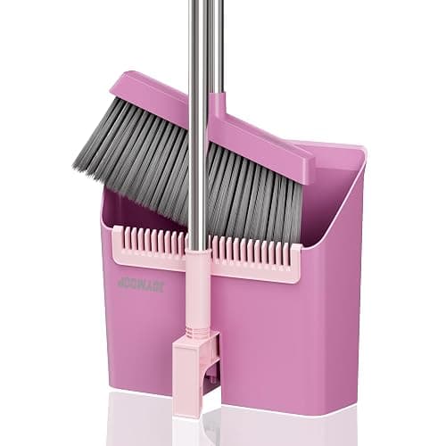 JOYMOOP Pink Broom with Dustpan Combo Set, Upright Stand Up Broom with Built-in Comb Teeth, Angle Broom for Home Kitchen Office Lobby, Pet Hair and Hardwood Floor Sweeping - Image 1