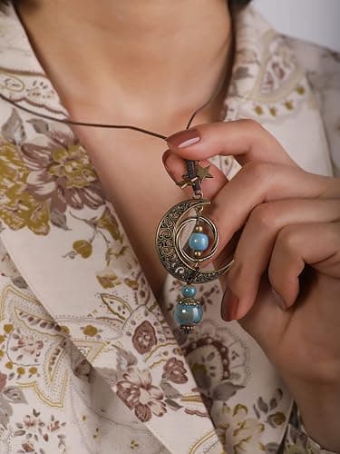 MINACHI Vintage Bohemian Hippie Ceramic Beads Crescent Moon Lariat Necklace, Boho Hippie Statement Jewelry Gift for Women thumbnail 5