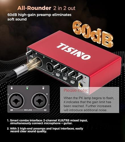 TISINO Audio Interface 24Bit/192kHz, USB Audio Interface for Recording, Songwriting, Streaming and Podcasting, Plug & Play Studio Interface with 48V Phantom Power, PC/Mac/iOS Compatible,RED thumbnail 5