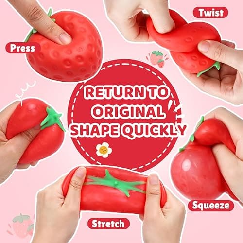 4 Pcak Strawberry Squish Stress Balls, Cute Bulk Strawberry Squeeze Toys | Fruit Squishies Toy, Big Kawaii Sticky Stress Fidget Toy for Kids, Teen Boys Girls Birthday Gift Ideas thumbnail 4