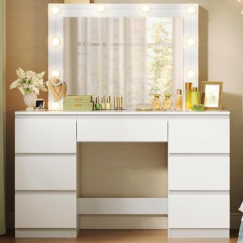 WOLTU Dressing Table with LED Bulb Lights, Adjustable Brightness, Vanity Table Makeup Desk with Large Mirror and 7 Drawers, 107 x 140.5 x 39.5 cm, White Bedroom Dresser, MB6099ws - Image 1