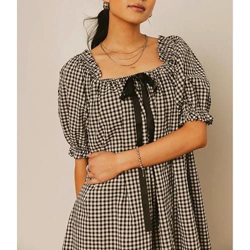 Women Plaid Half Sleeve Dress Loose Fit Cropped Mini A-Line Tunic Y2K Vintage Casual Swing Smocked Babydoll Dress thumbnail 6