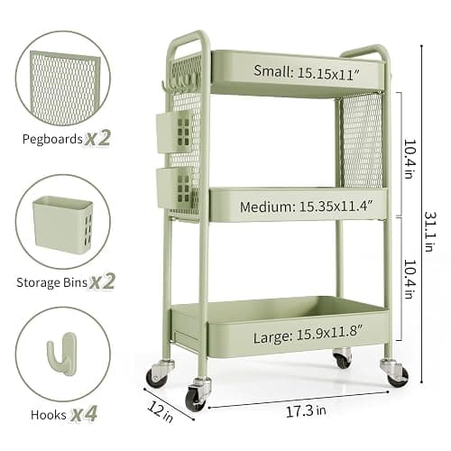 TOOLF 3 Tier Rolling Cart Storage Organizer, Metal Rolling Utility Cart with Wheels, Hooks & Bins Esthetician Craft Art Sturdy Storage with Pegboard for Bathroom, Kitchen, Office, Nursery Diaper thumbnail 3