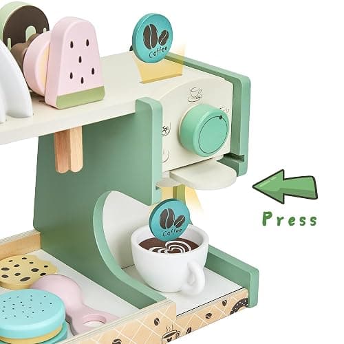 medoga Wooden Ice Cream Toy, 3-in-1 Ice Cream Counter with Coffee Maker 28 PCS Toddler Pretend Play Kitchen Accessories Wooden Toys for 3 4 5 6 Year Old Girl or Boy (Ice Cream) thumbnail 6
